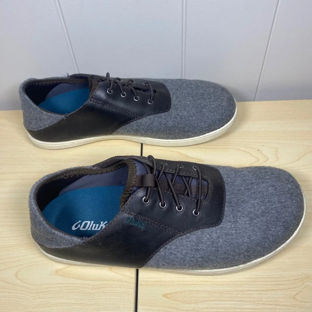 OluKai Nohea Moku Hulu Grey Wool Leather Drop-In Sneaker Shoes Men's 9.5‎